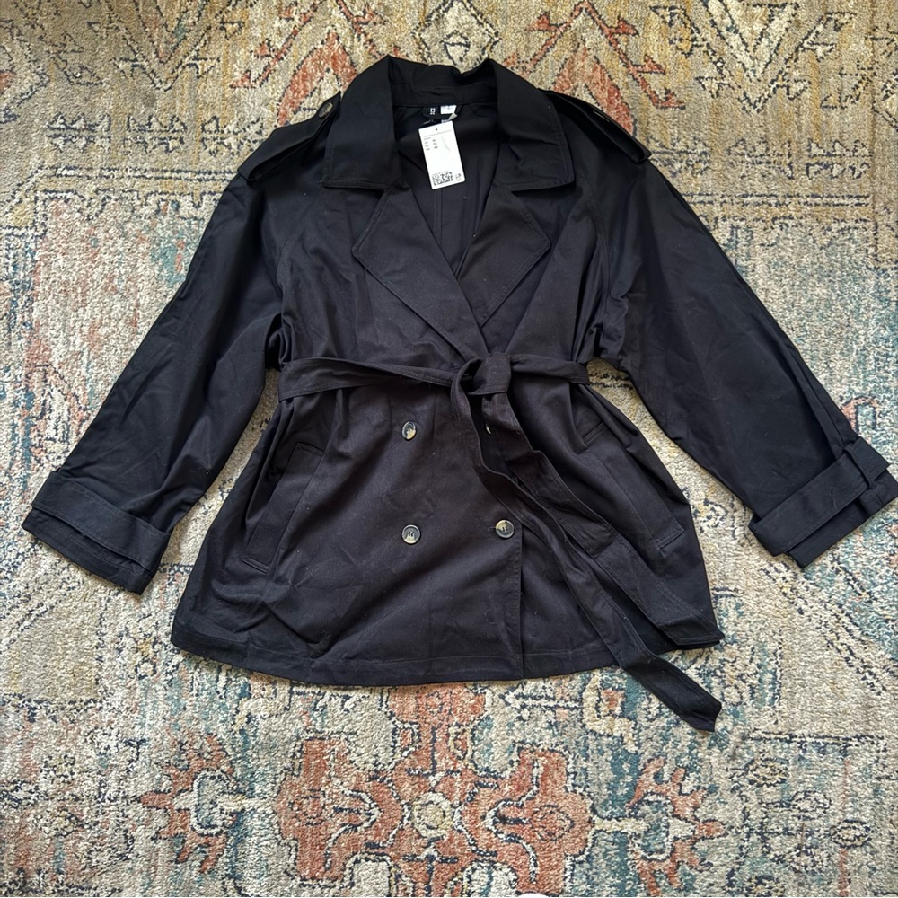 H & M Black Double Breasted Twill Trench JacketCoat Belted Street Style Chic XL - Picture 2 of 7